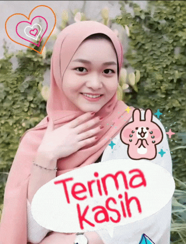 a woman wearing a pink hijab is holding a speech bubble that says terima kasih