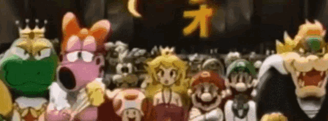 a group of cartoon characters are standing next to each other in a room with chinese characters in the background .