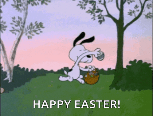 a cartoon of snoopy holding an easter egg and a basket of easter eggs .