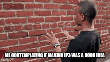 a man in a black shirt is standing in front of a brick wall with his hands outstretched .