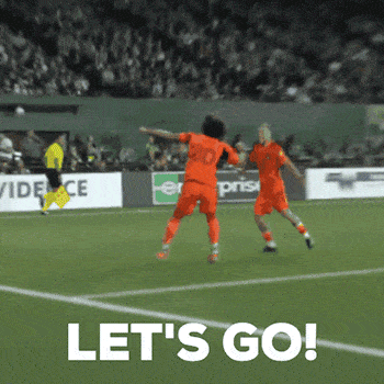 two soccer players celebrate a goal with the words let 's go