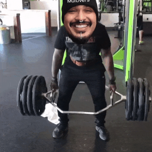 a man is lifting a barbell in a gym wearing a beanie that says multiverse