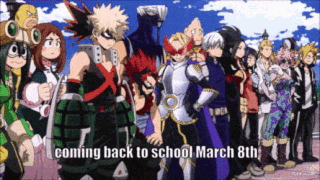 a group of anime characters standing next to each other with the words " coming back to school march 8th " on the bottom