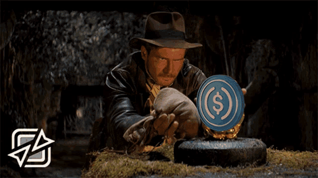 a man in a hat is holding a blue coin and a quest complete button