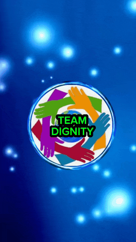a blue background with a team dignity logo on it