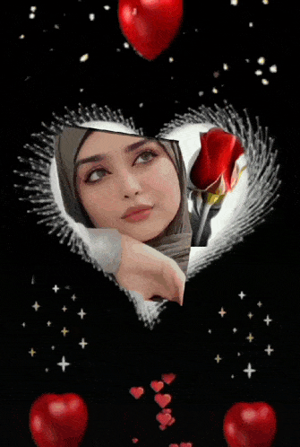 a picture of a woman in a hijab is surrounded by red hearts and arabic writing