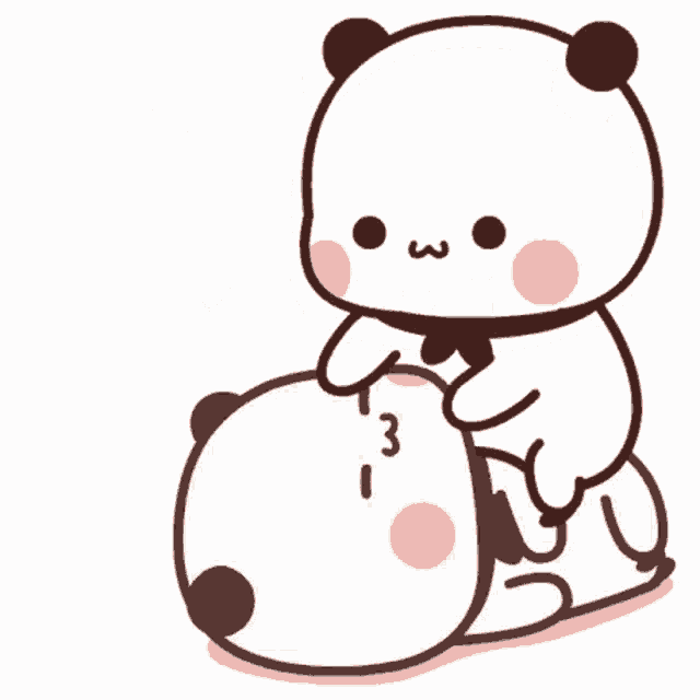 a panda bear is laying on another panda bear 's back