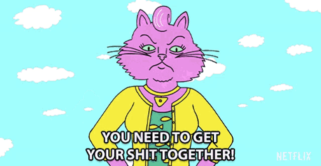 a cartoon of a pink cat with the words you need to get your shit together