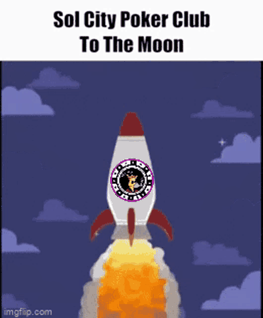 a rocket with the words sol city poker club to the moon written on it