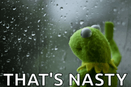 kermit the frog is looking out a window with the words that 's nasty written below him