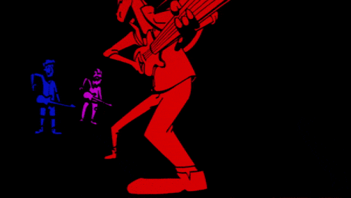 a cartoon of a man playing a guitar in a dark room