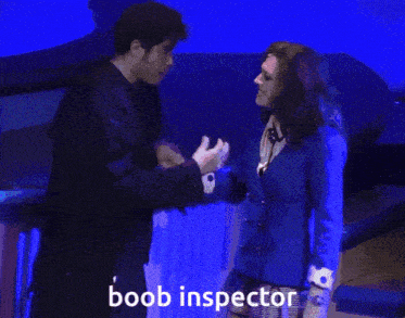 a man and a woman are standing next to each other with the words boob inspector on the bottom
