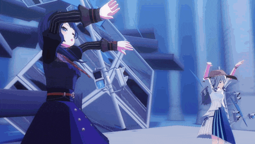 two anime girls are dancing in front of a building with a sign that says ' x ' on it