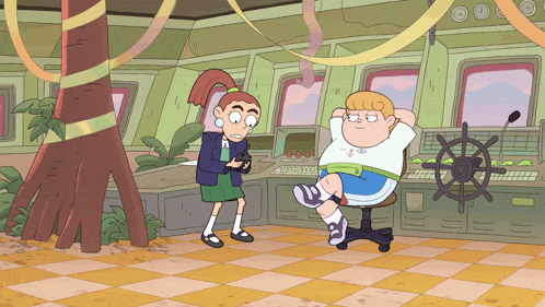 a cartoon of a girl standing next to a man sitting in an office chair