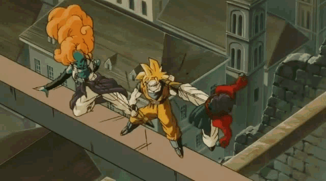 a couple of cartoon characters standing on a bridge with buildings in the background