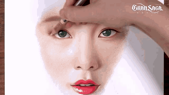 a drawing of a woman 's face with the word gran saga on the bottom right