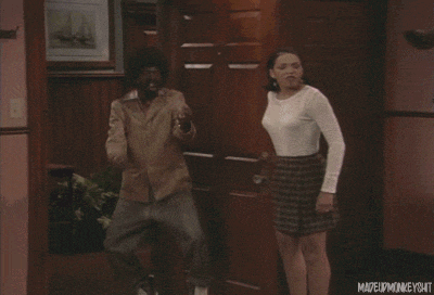 a man and woman are dancing in a living room with the words madeupmonkeyshit on the bottom left
