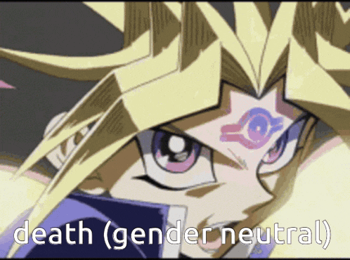 a close up of a cartoon character with the words death ( gender neutral )