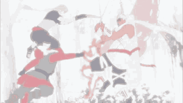 a group of people are fighting each other with swords in a snowy forest .