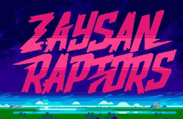 a pixel art advertisement for zaysan raptors with a landscape in the background