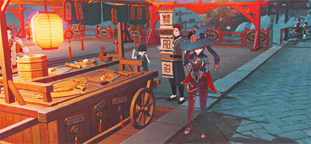 a woman in a witch hat stands in front of a food stand with a sign that says ' chinese ' on it