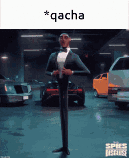 a cartoon character from the movie spies in disguise is standing in a parking lot