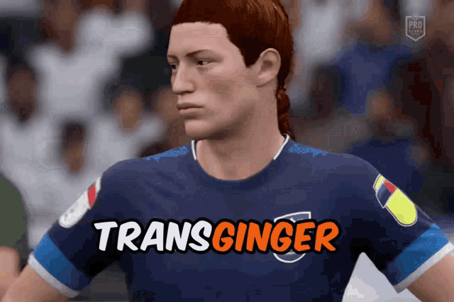 a man in a blue shirt with the word transginger on it