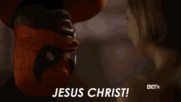 a man in a spider man costume says " jesus christ "