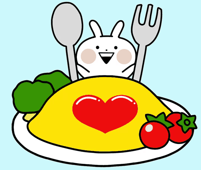 a cartoon illustration of a bunny holding a fork and spoon over a plate of food