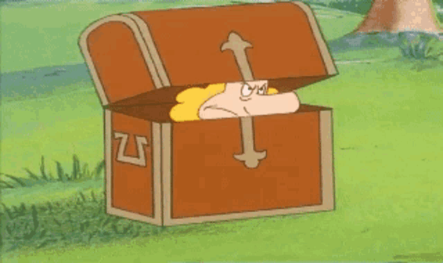 a cartoon character is sticking his head out of an open treasure chest with the letter z on it