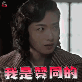 a woman in a plaid jacket is making a funny face in chinese characters