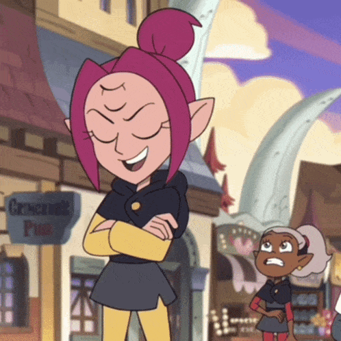 a girl with pink hair is standing in front of a sign that says grimm 's pub