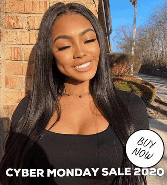 a woman is smiling in front of a brick wall with the words cyber monday sale 2020 on the bottom