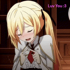 a girl with blonde hair and a red tie with the words luv you 3 on the bottom right
