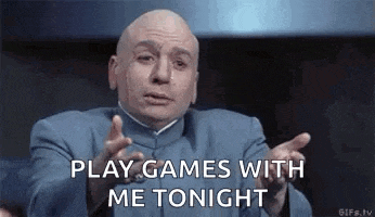 a bald man is saying `` play games with me tonight '' while making a funny face .