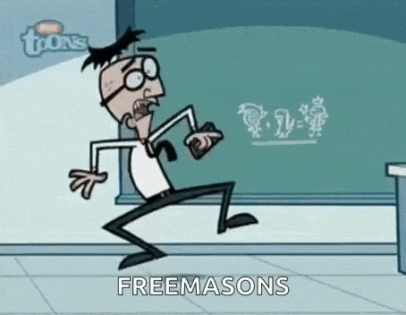 a cartoon of a man running in front of a blackboard with the words `` freemasons '' written on it .