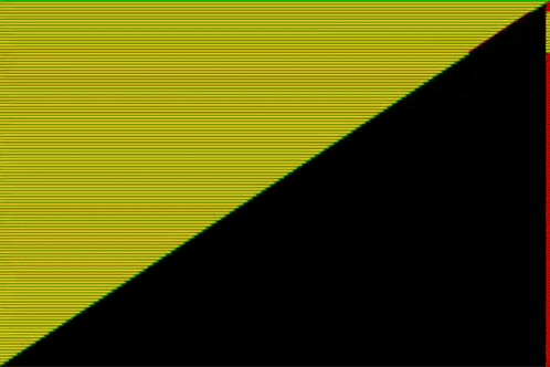 a yellow and green triangle on a black background with a red border .