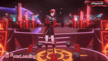 a video game character is standing in a circle with the words nowloading below her