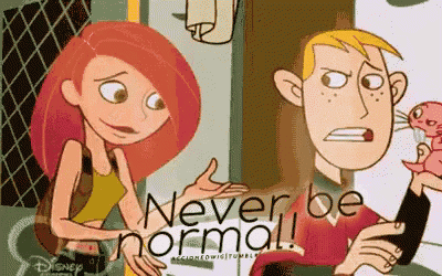 a cartoon of a man and a woman with the words " never be normal " on the bottom