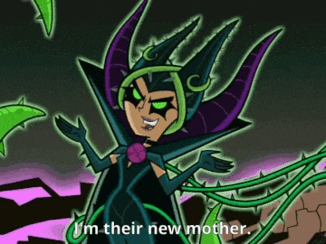 a cartoon character says " i 'm their new mother " while surrounded by thorns