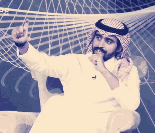 a man with a beard and a head scarf is sitting in front of a screen that says channels