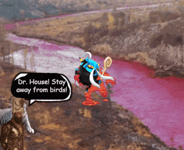 a video game scene with a speech bubble saying dr. house stay away from birds