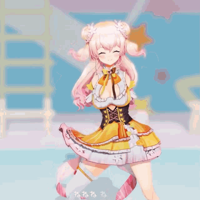 a girl with pink hair is wearing a yellow dress and white socks