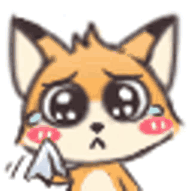 a cartoon fox is crying and holding a napkin in his mouth .