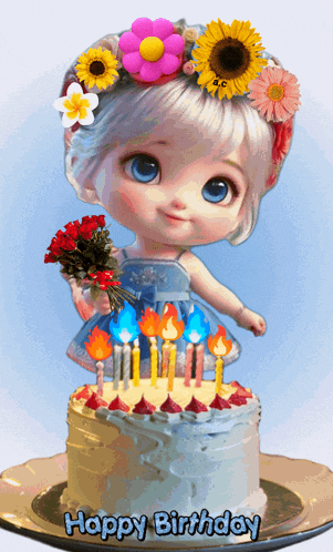 a happy birthday card with a doll holding a bouquet of flowers on top of a birthday cake