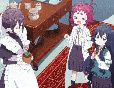 a maid is holding a potted flower while a girl with pink hair stands next to her