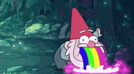a cartoon gnome with a rainbow in his mouth .