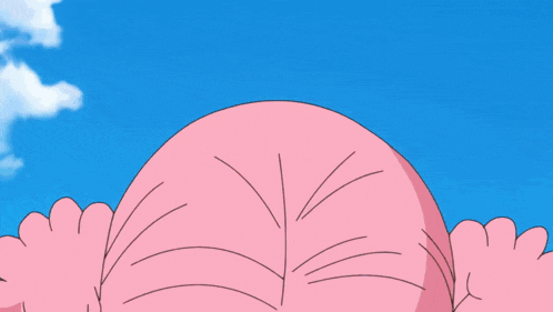 a close up of a cartoon character with pink hair