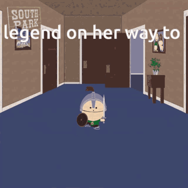 a cartoon character with a sword and shield is in a hallway with the words south park legend on her way to