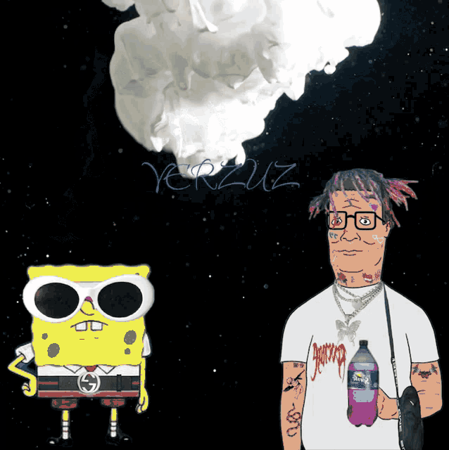 a cartoon drawing of spongebob and a man with a bottle of sprite in his hand